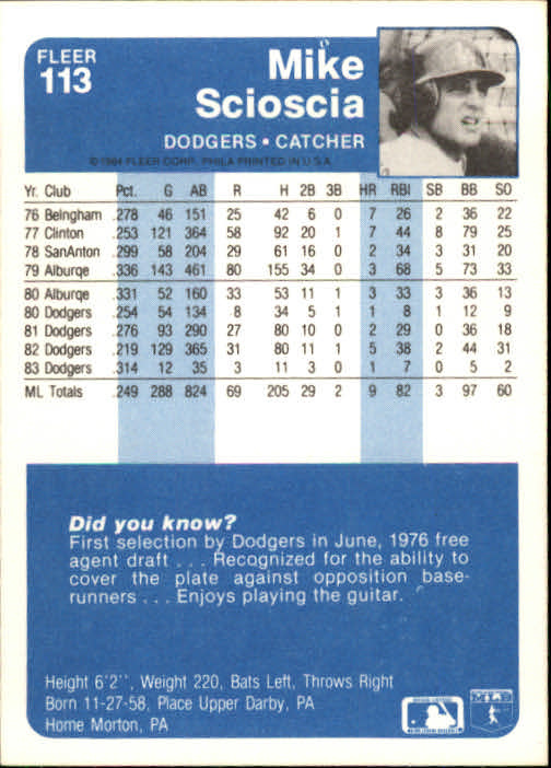 1984 FLEER BASEBALL ASSORTED SINGLES U-PICK 1-250