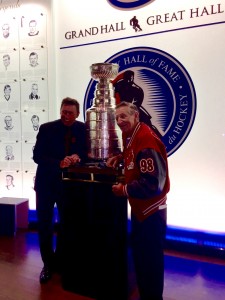 Wayne and Walter Gretzky pose with the Stanley Cup during Upper Deck's special event at the Hockey Hall of Fame.