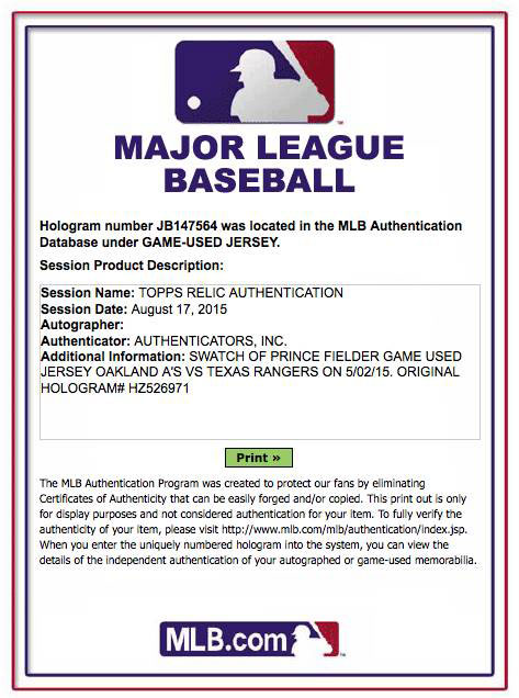 MLB Authentication, Hologram Authenticator