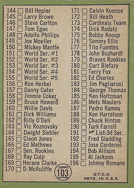 1967 Topps 103A Mickey Mantle Checklist