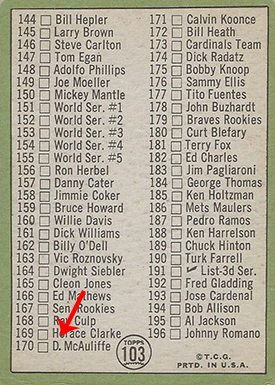 1967 Topps 103B Mickey Mantle Checklist Arrow