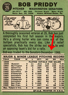 1967 Topps 26 Bob Priddy Traded Line Arrow