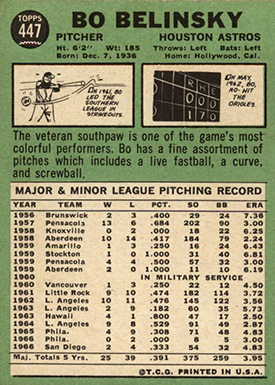 1967 Topps 447 Bo Belinsky Full Stats