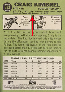 2016 Topps Heritage Error Variation 333 Kimbrel Traded Line Arrow