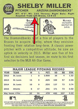 2016 Topps Heritage Error Variation 464 Shelby Miller Arrow