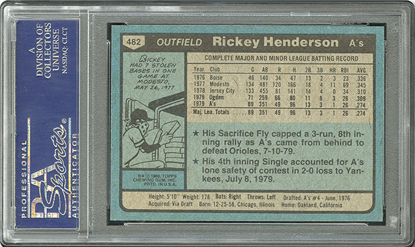 1980 Topps Rickey Henderson Rookie Card Reverse PSA 10