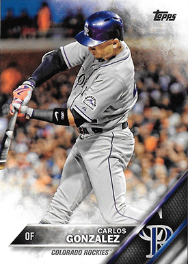 Carlos Gonzalez player worn jersey patch baseball card (Colorado Rockies)  2016 Topps Threads #UJRCGN LE 4/36 pinstripe