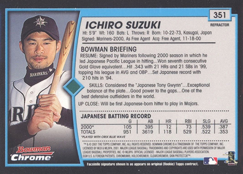 2001 Bowman Chrome Ichiro Suzuki English Back