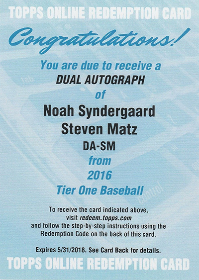 2016 Topps Tier One Noah Syndergaard Steven Matz Dual Autograph Redemption