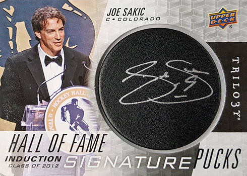 2016-17 Upper Deck Trilogy Hockey Hall of Fame Signature Pucks Joe Sakic