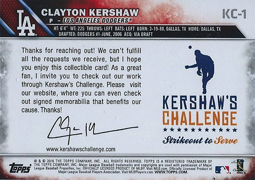 2016 Topps Clayton Kershaw KC-1 Reverse