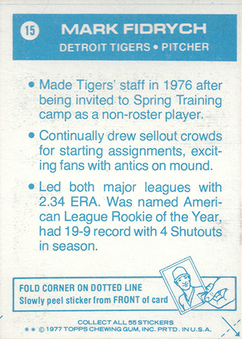 1977 Topps Cloth Stickers Baseball 15 Mark Fidrych Reverse