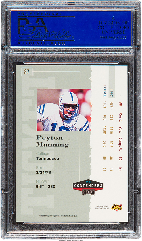 1998 Playoff Contenders Peyton Manning RC Autograph PSA 10 Reverse