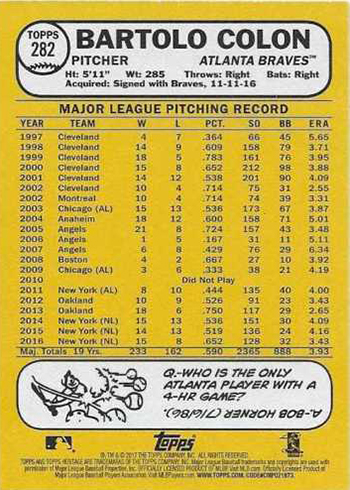 2017 Topps Heritage Traded Variations 282 Bartolo Colon Back