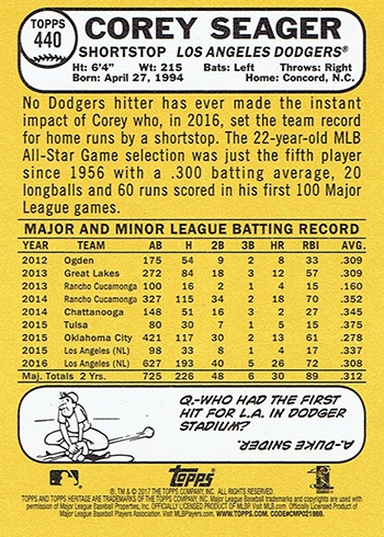 2017 Topps Heritage 440 Corey Seager Reverse