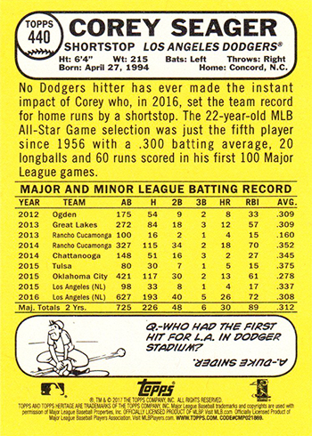 2017 Topps Heritage Bright Yellow Back Corey Seager Reverse