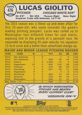 2017 Topps Heritage #476 Lucas Giolito High Number # SP at 's Sports  Collectibles Store