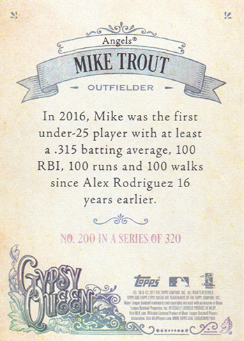 Mike Trout 2017 TOPPS GYPSY QUEEN THROWBACK VARIATION SP #200 ANGELS!