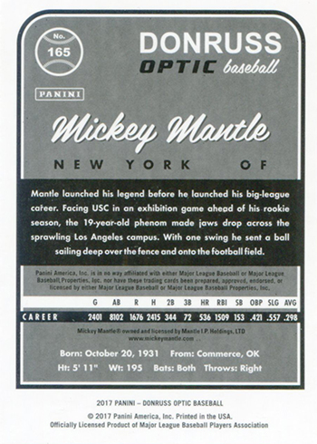 2017 Donruss Optic 165 Mickey Mantle Reverse