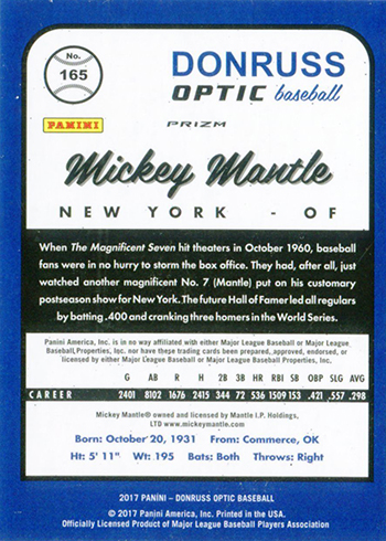 2017 Donruss Optic Mickey Mantle Variation Reverse