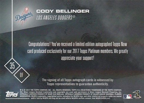 2017 Topps Now Platinum Autographs Cody Bellinger Reverse
