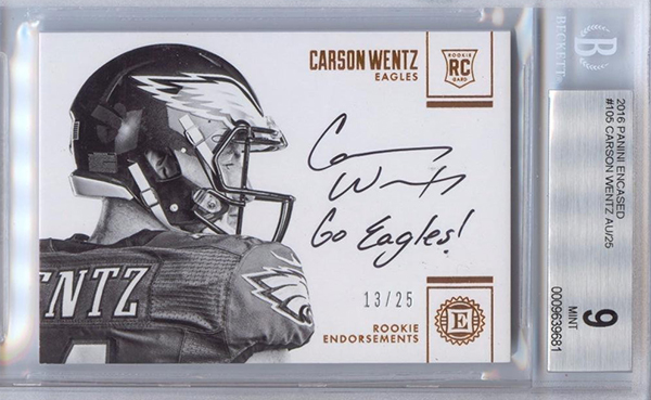 2016 Panini Limited Patch Autograph #109 Carson Wentz Signed Patch Rookie  Card (#001/149) - PSA NM 7 on Goldin Auctions