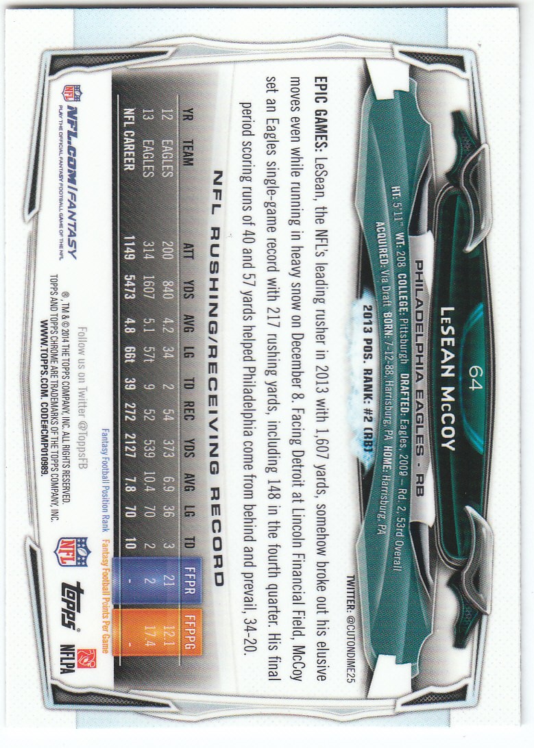 2014 Topps Chrome Football Part 1 Main Set Cards #1 to #220 - Picture 129 of 415