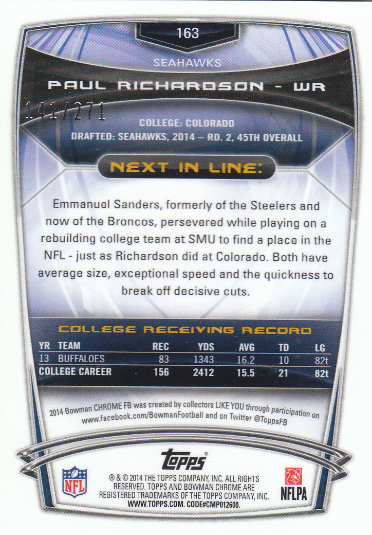 2014 Bowman Chrome Football Part 2 Parallel Refractors Cards - Picture 67 of 157