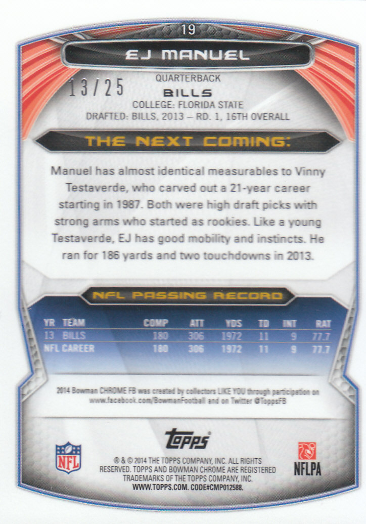 2014 Bowman Chrome Football Part 2 Parallel Refractors Cards - Picture 77 of 157