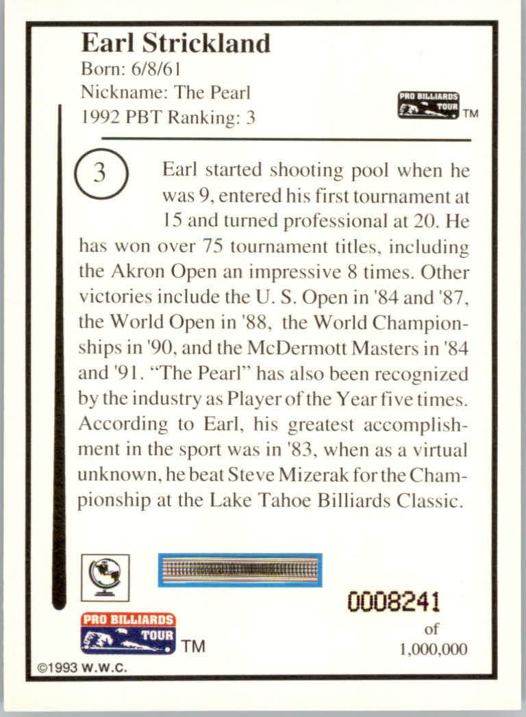 1993 World Wide Collectibles Pro Billiards Tour Cards - Picture 7 of 261