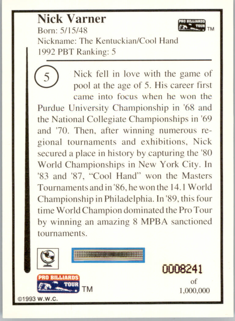 1993 World Wide Collectibles Pro Billiards Tour Cards - Picture 11 of 261
