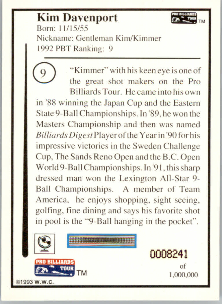 1993 World Wide Collectibles Pro Billiards Tour Cards - Picture 19 of 261