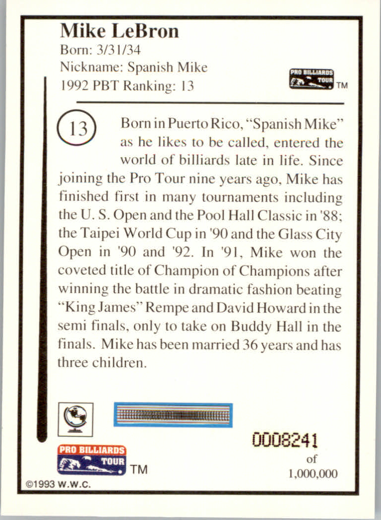 1993 World Wide Collectibles Pro Billiards Tour Cards - Picture 27 of 261
