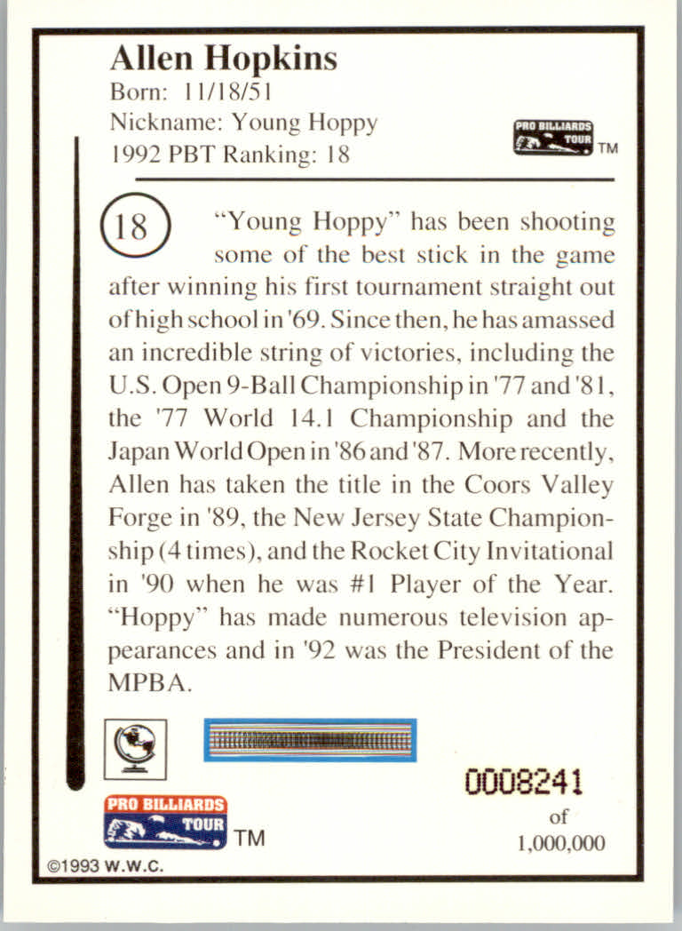 1993 World Wide Collectibles Pro Billiards Tour Cards - Picture 37 of 261