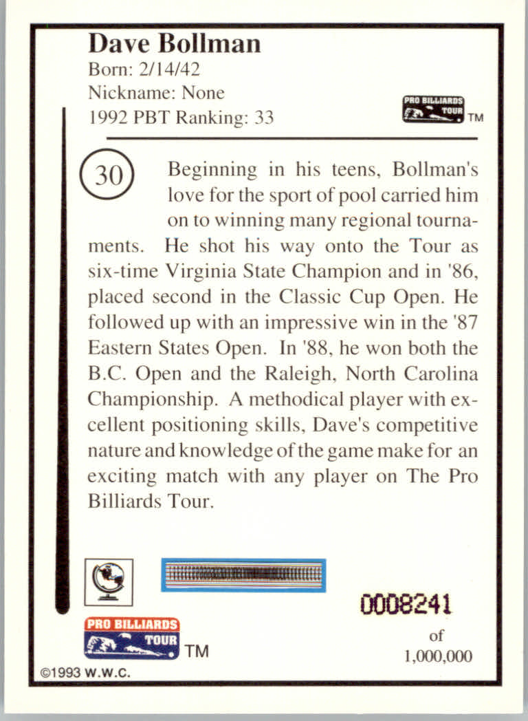 1993 World Wide Collectibles Pro Billiards Tour Cards - Picture 61 of 261