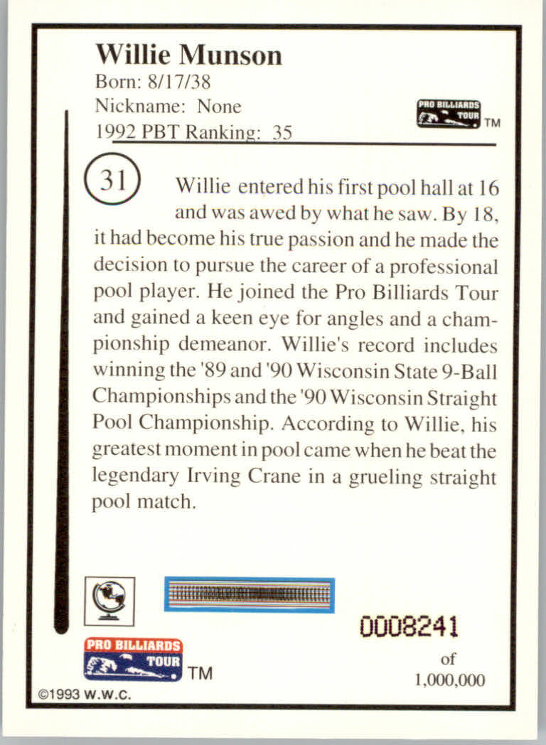 1993 World Wide Collectibles Pro Billiards Tour Cards - Picture 63 of 261