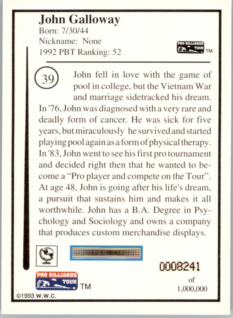 1993 World Wide Collectibles Pro Billiards Tour Cards - Picture 79 of 261