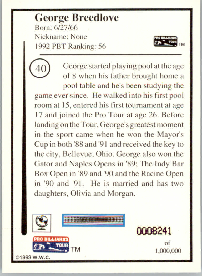 1993 World Wide Collectibles Pro Billiards Tour Cards - Picture 81 of 261