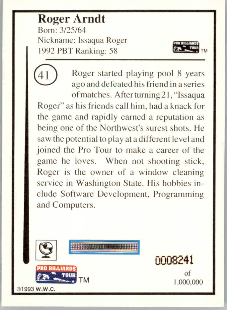 1993 World Wide Collectibles Pro Billiards Tour Cards - Picture 83 of 261