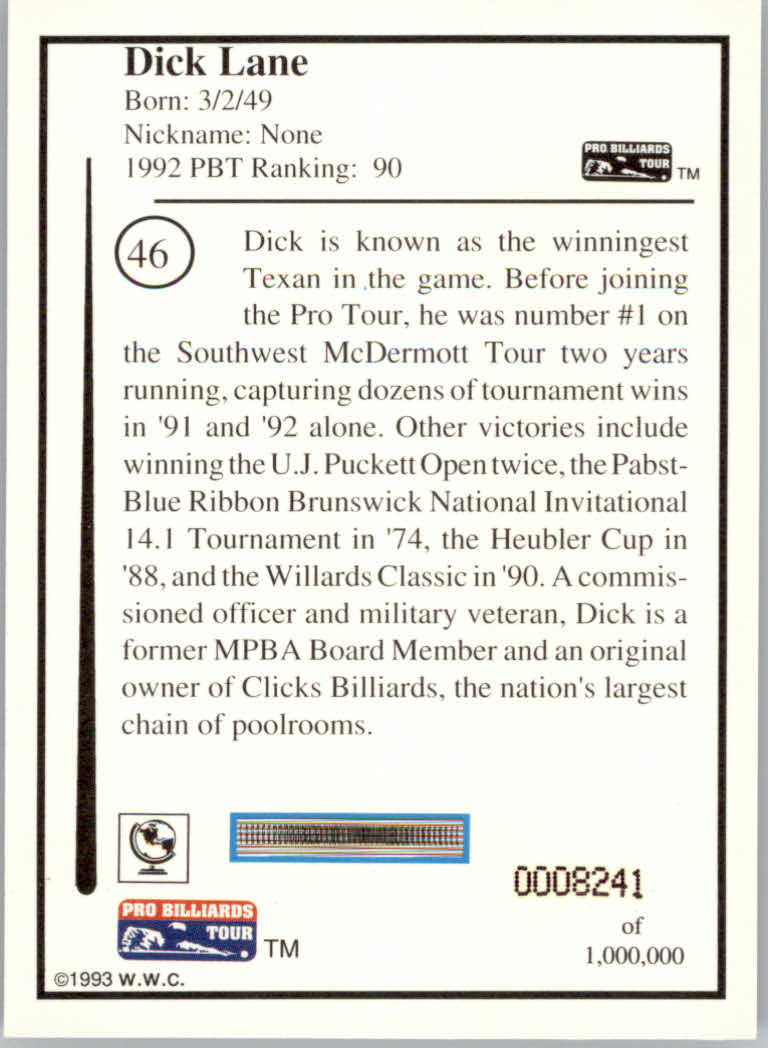 1993 World Wide Collectibles Pro Billiards Tour Cards - Picture 93 of 261