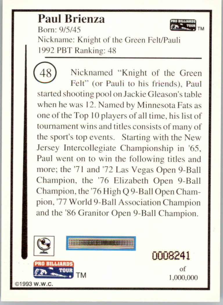 1993 World Wide Collectibles Pro Billiards Tour Cards - Picture 97 of 261