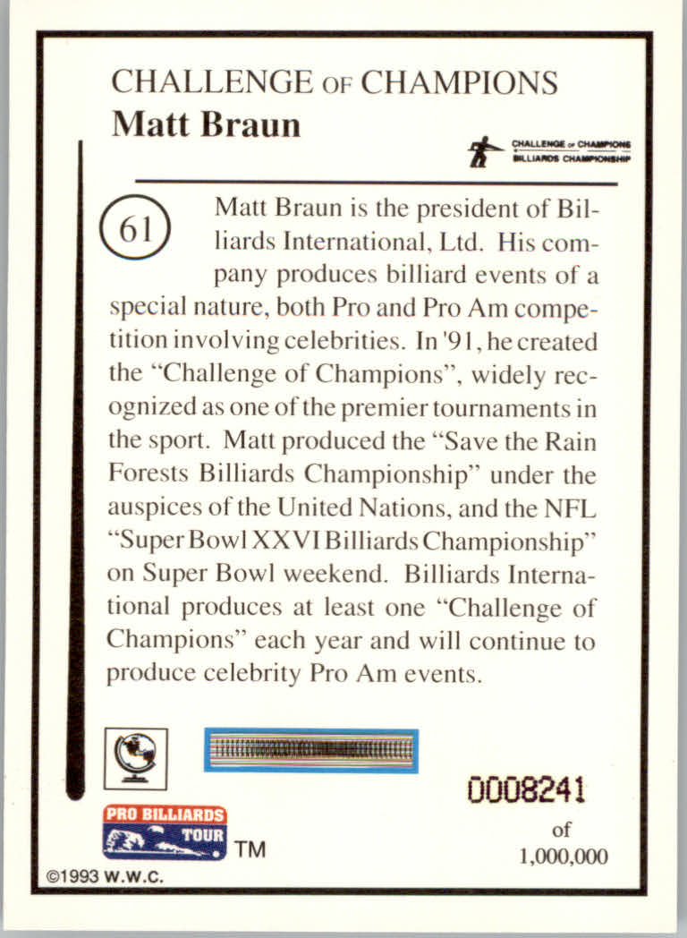 1993 World Wide Collectibles Pro Billiards Tour Cards - Picture 123 of 261