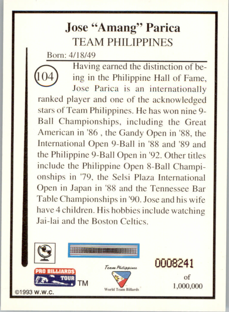 1993 World Wide Collectibles Pro Billiards Tour Cards - Picture 209 of 261