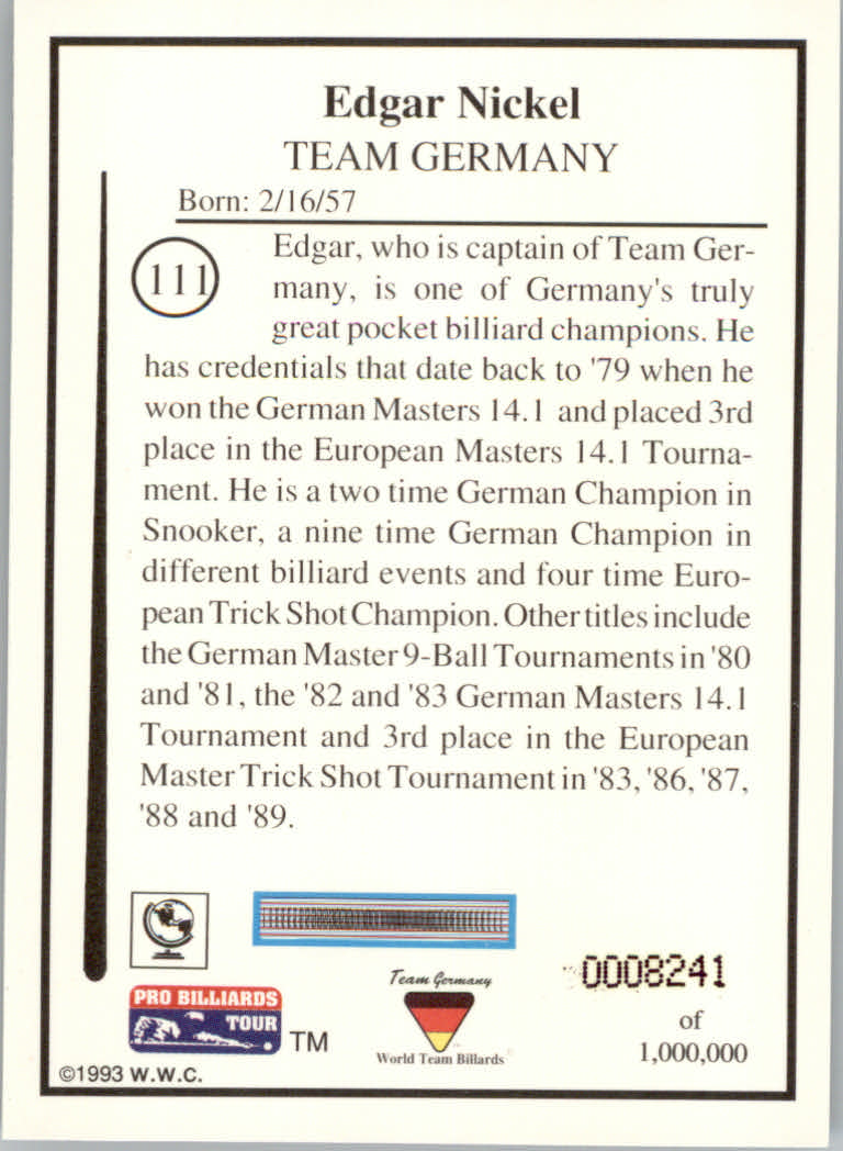 1993 World Wide Collectibles Pro Billiards Tour Cards - Picture 223 of 261