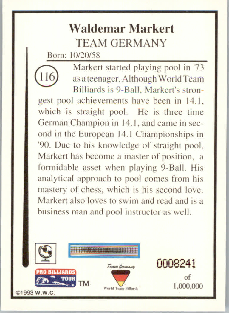 1993 World Wide Collectibles Pro Billiards Tour Cards - Picture 233 of 261