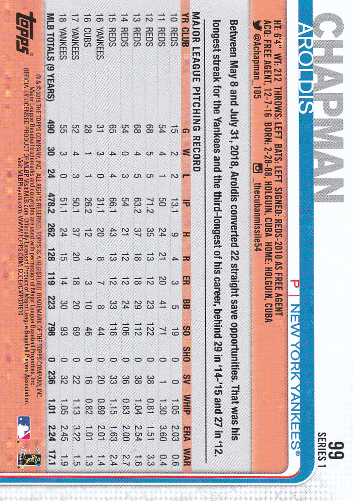 2019 Topps Series 1 Baseball Part 1 Main Set Cards #1 to #250 - Picture 185 of 475