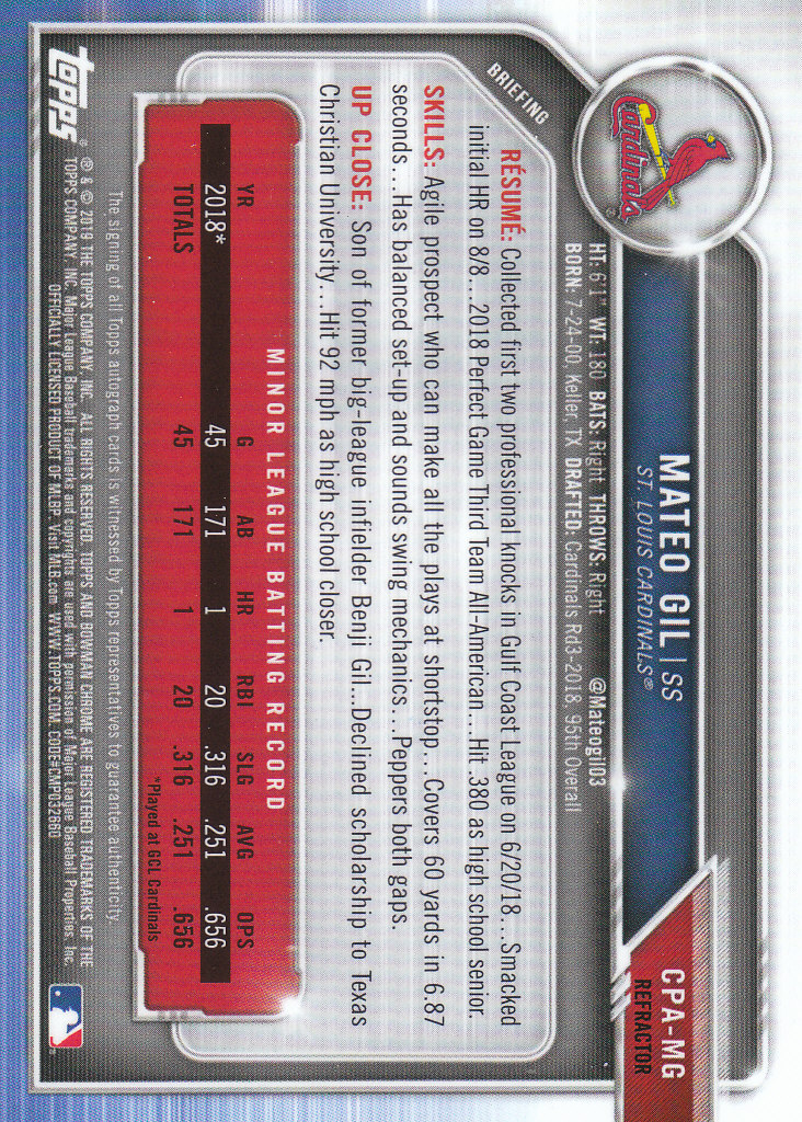 Tarjetas paralelas y inserciones de béisbol Bowman Chrome 2019 "Prospect Autographs" - Imagen 23 de 29