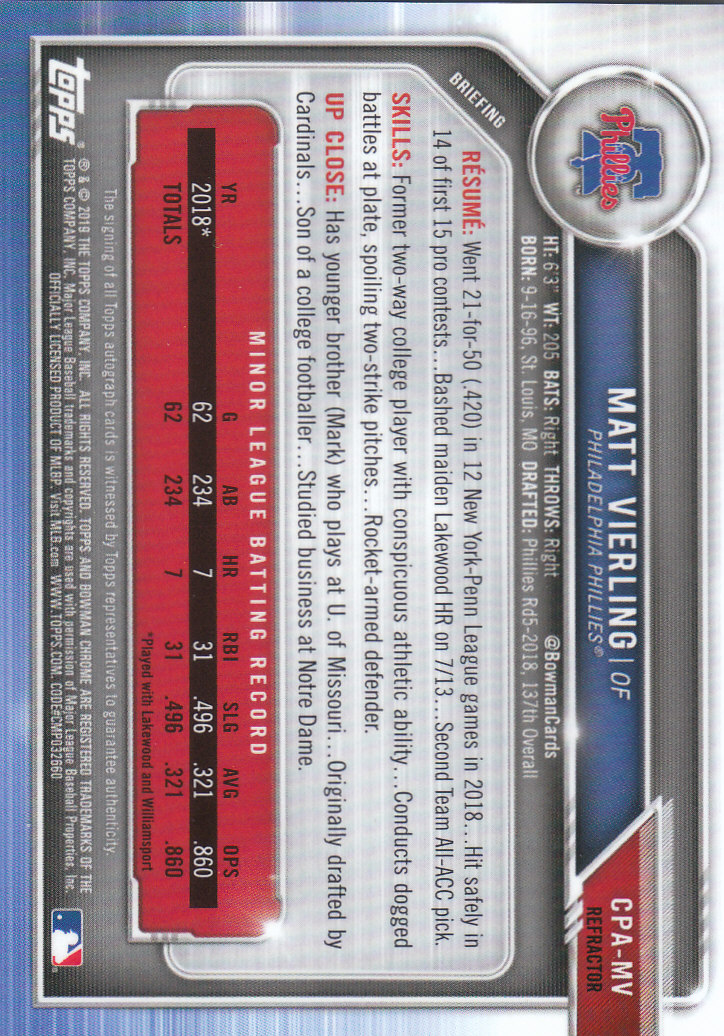 Tarjetas paralelas y inserciones de béisbol Bowman Chrome 2019 "Prospect Autographs" - Imagen 25 de 29