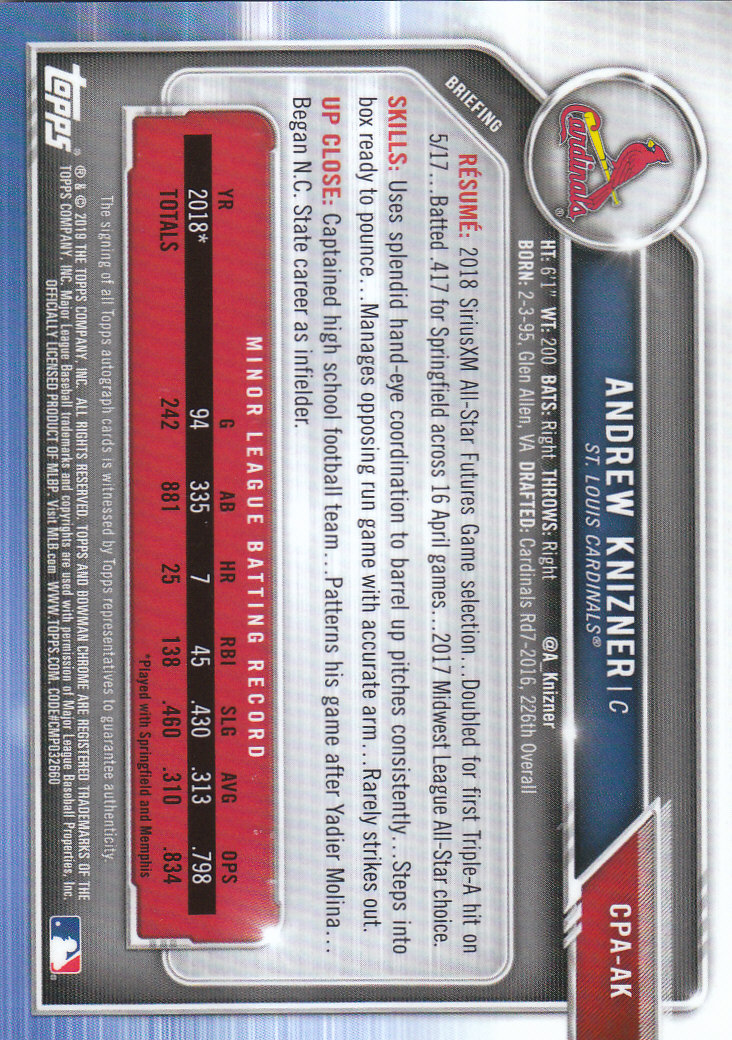 Tarjetas paralelas y inserciones de béisbol Bowman Chrome 2019 "Prospect Autographs" - Imagen 27 de 29