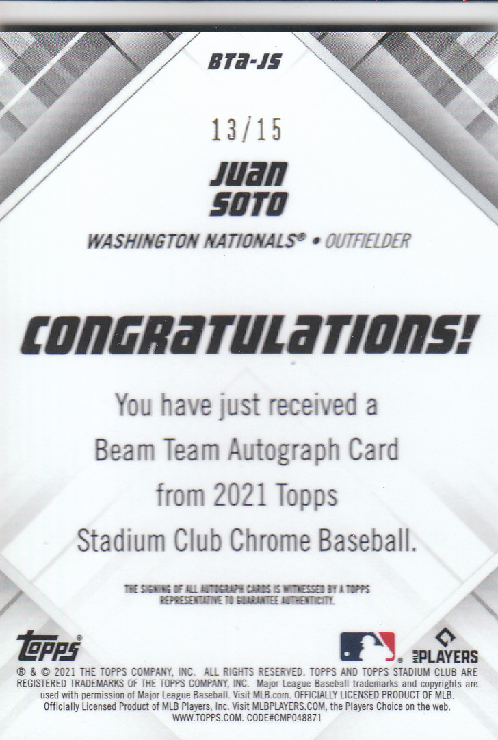 Tarjetas de béisbol ""Beam Team"" cromadas del Stadium Club 2021 insertadas, paralelas y automáticas - Imagen 47 de 51